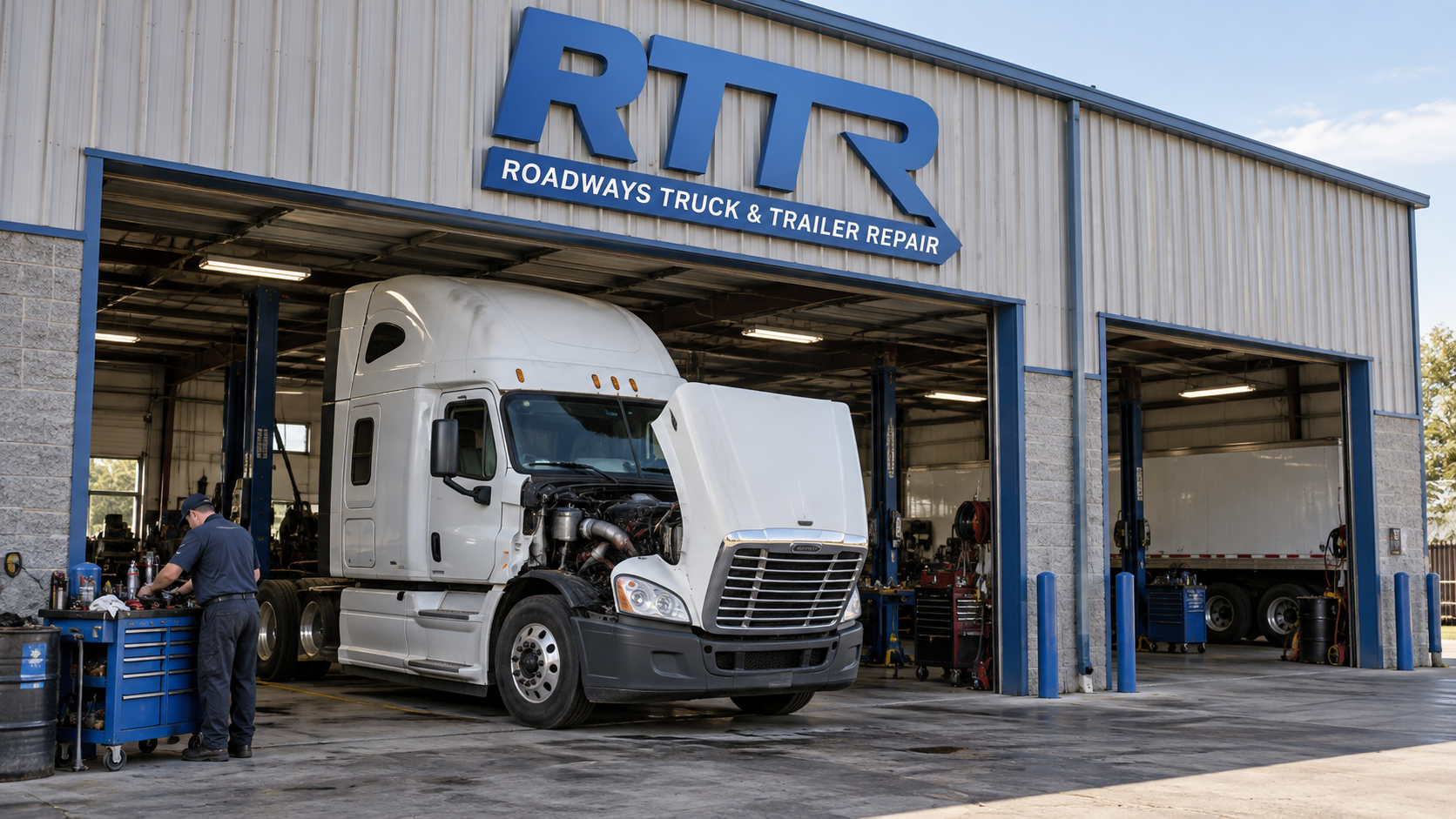 RTTR workshop concept showing open service bays, semi-trucks and a technician