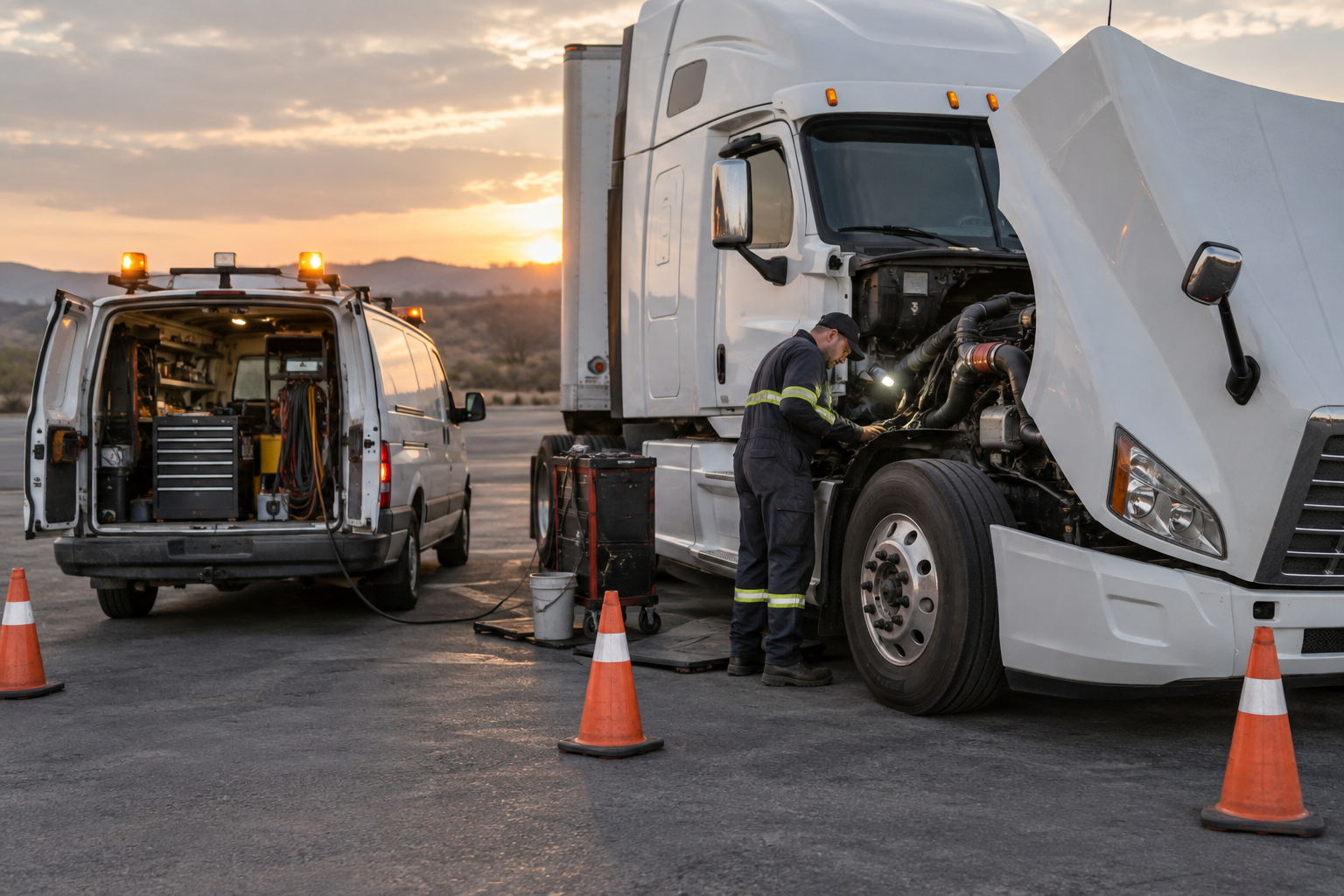 Illustrative mobile diesel mechanic assisting a safely parked semi truck