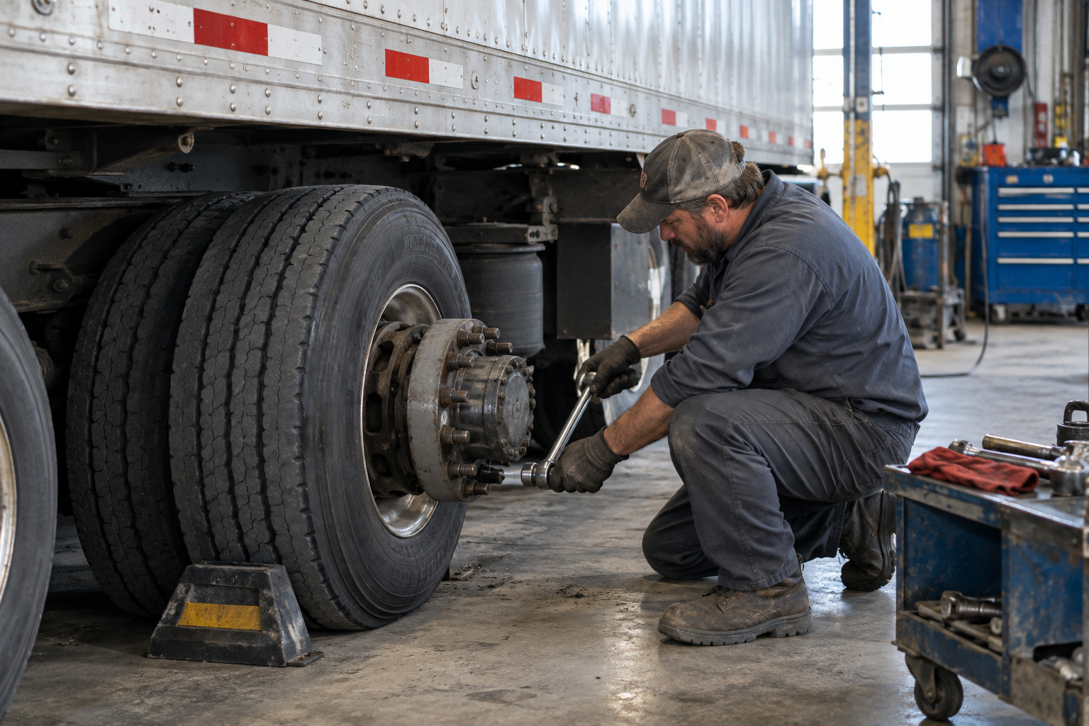 Illustrative semi trailer wheel-end repair in a workshop